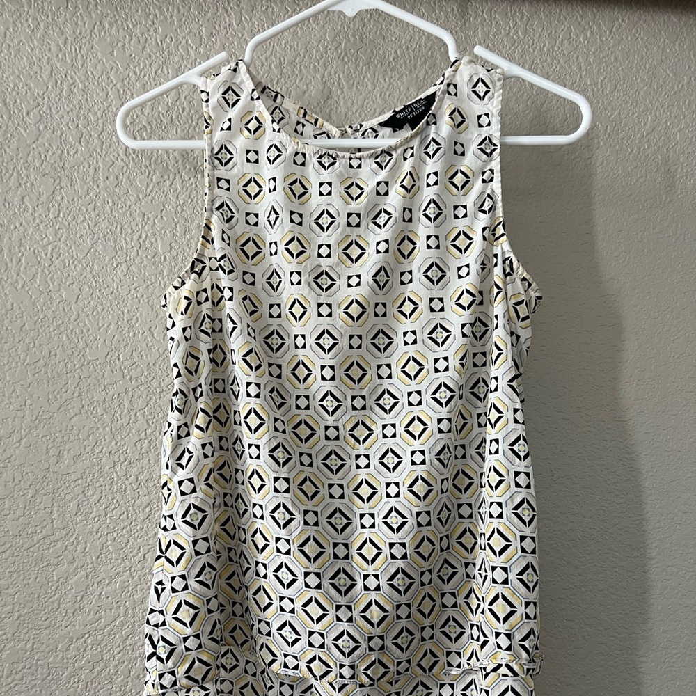 WHBM 100% silk top, size Small Petite in white with navy and gold accents